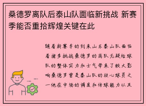 桑德罗离队后泰山队面临新挑战 新赛季能否重拾辉煌关键在此
